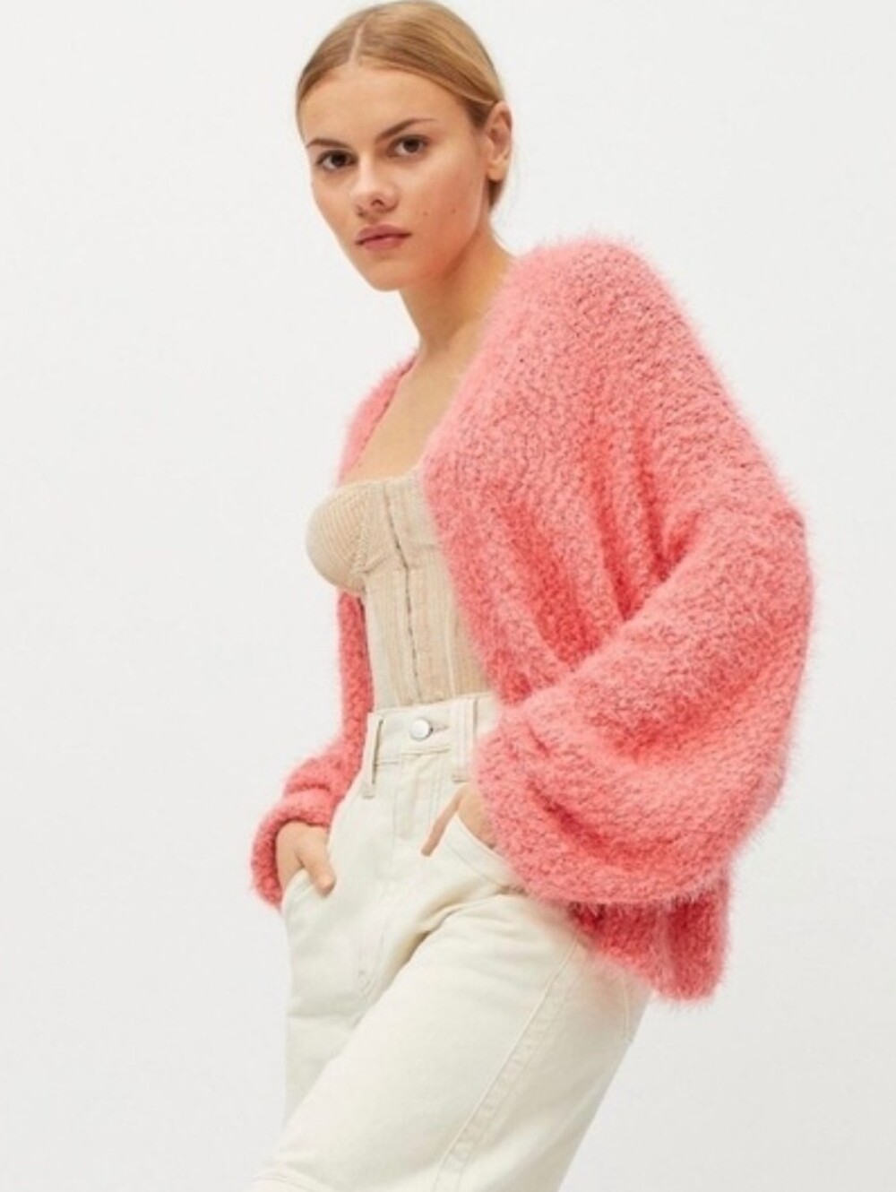 American Vintage Pink Zolly Open Front Fuzzy Bouclé Oversized Cardigan Sweater